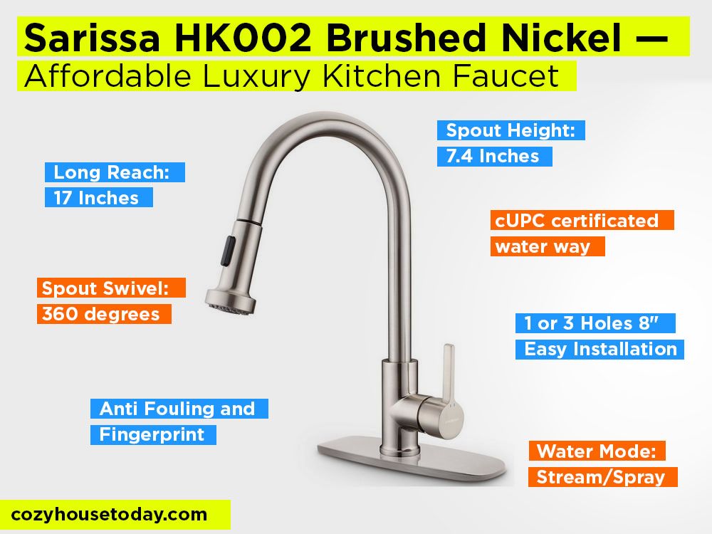 Sarissa HK002 Brushed Nickel Review, Pros and Cons. Check our Affordable Luxury Kitchen Faucet 2018