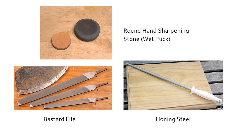 Bastard File, Round Hand Sharpening Stone (Wet Puck) & Honing Steel