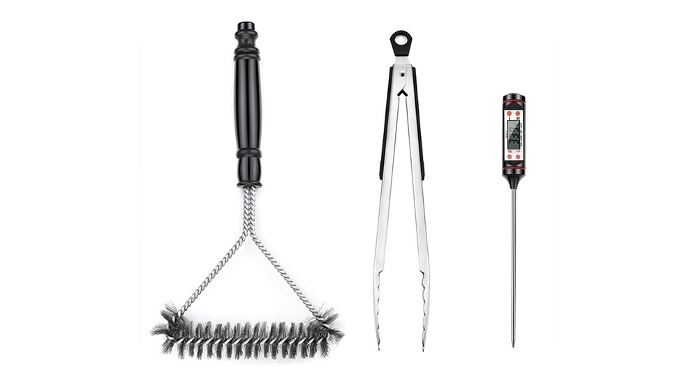 King Kong 7130 cover also includes a steel grill brush, steel serving tongs, and a premium cooking thermometer