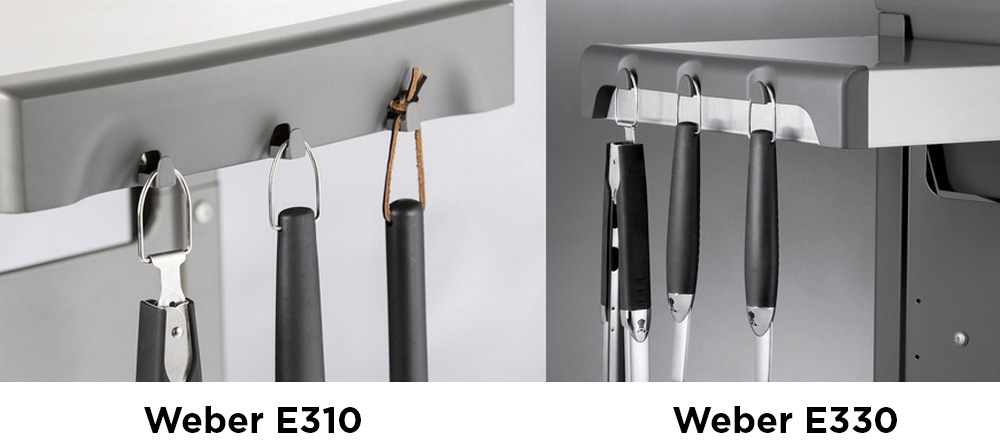 Weber E310 and E330 have side tables with tool hooks