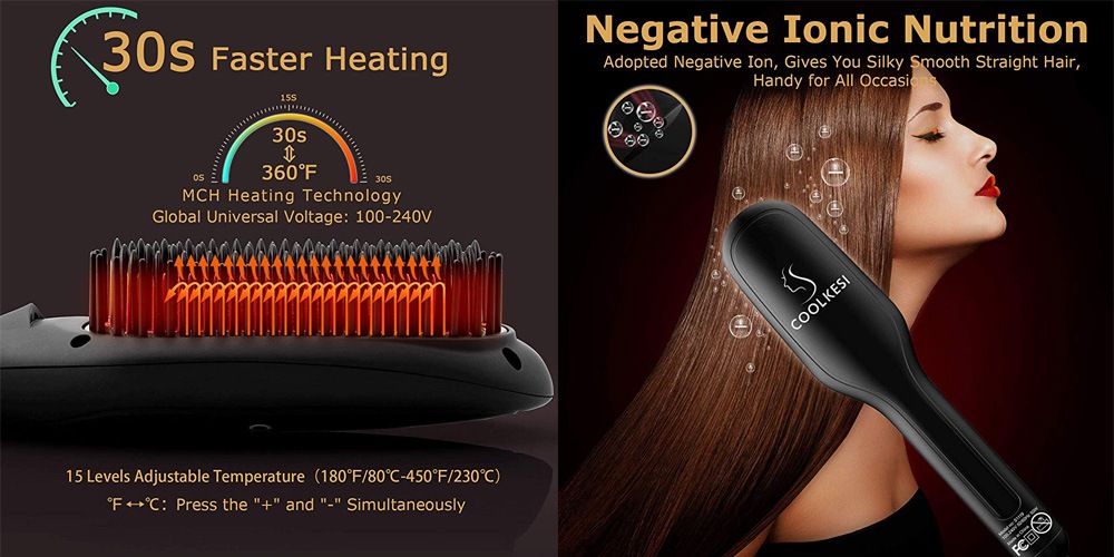 COOLKESI ionic hairbrush has a 30-second heat-up cycle and Negative Ion Technology