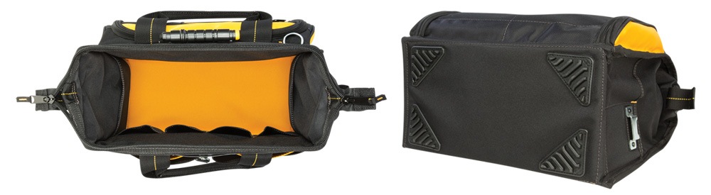 DeWalt DGL573 tool bag comes with feet on the base that help to decrease wear and tear on the bottom of the bag