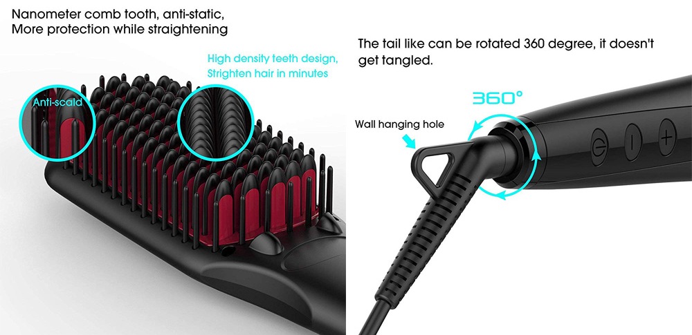 MiroPure CS0503 ionic hairbrush has a high-density Nano comb brush 360-degree swivel power cord