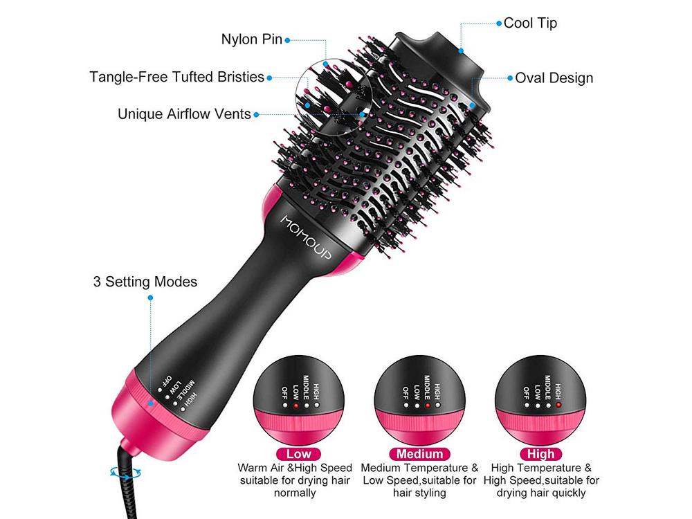 Momoup Hair Dryer Brush has 3 setting modes, the nylon pin & tangle-free tufted bristles