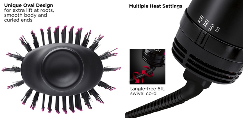 Revlon RVDR5222 hot air brush comes with an oval brush design and multiple heat settings